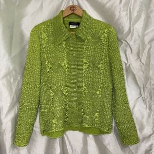 Retro Lightweight Lime Green Textured Crinkle Long Sleeve Button Down Blouse Top